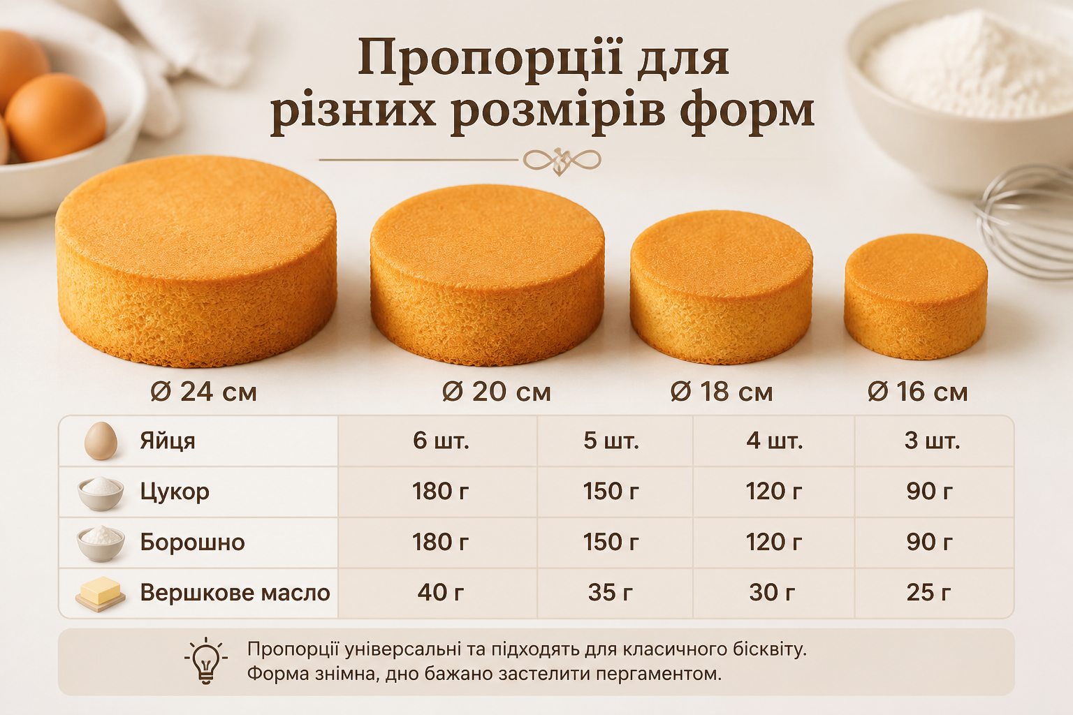 Пропорції для різних розмірів форм — иллюстрация к статье «надійний та перевірений рецепт бісквіту»